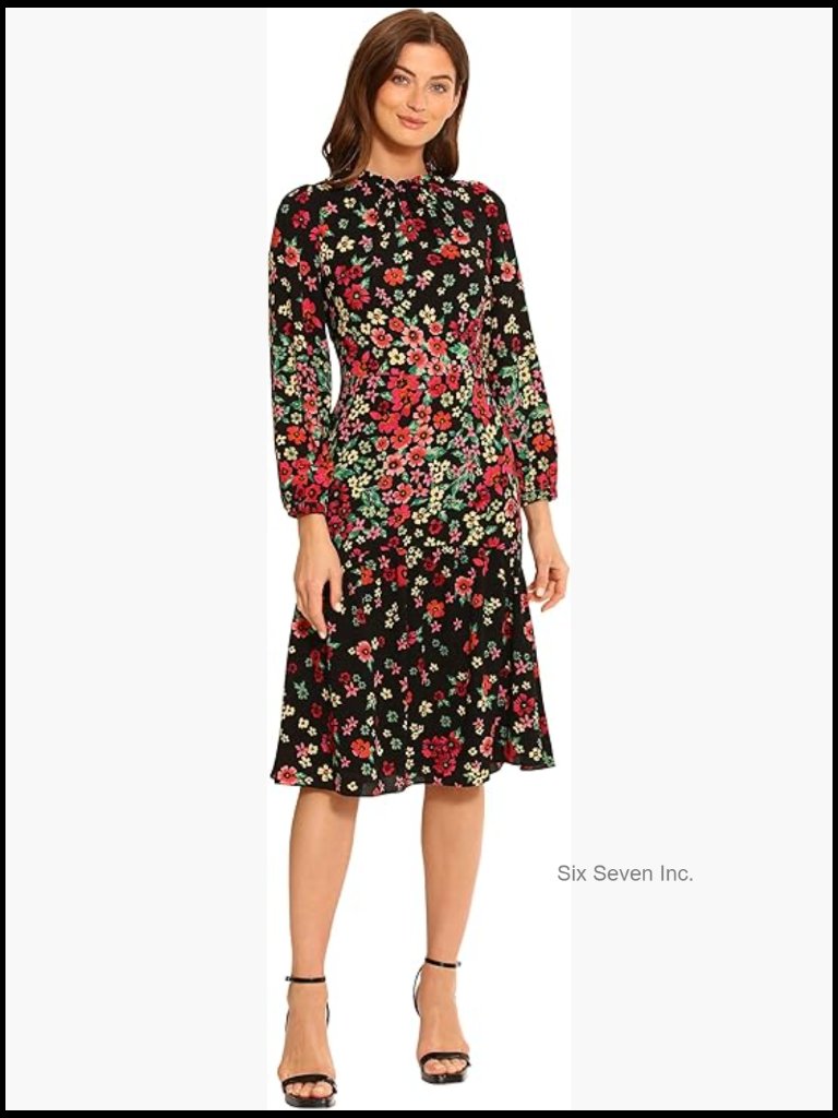 Long Sleeve Ruffle Mock Neck Dress With Printed Bubble Crepe Fabric